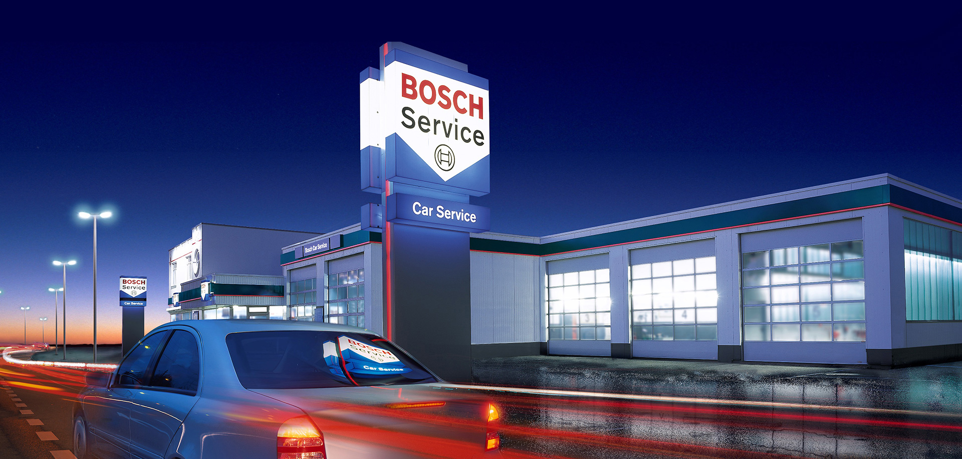 Autoservis Bosch Car Service — provozovna v podvečer